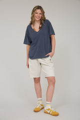 Navy Raw Edge V-Neck Short Sleeve T-Shirt