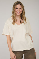 Cream Raw Edge V-Neck Short Sleeve T-Shirt