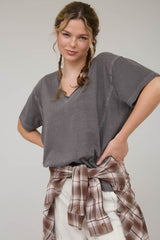 Charcoal Raw Edge V-Neck Short Sleeve T-Shirt