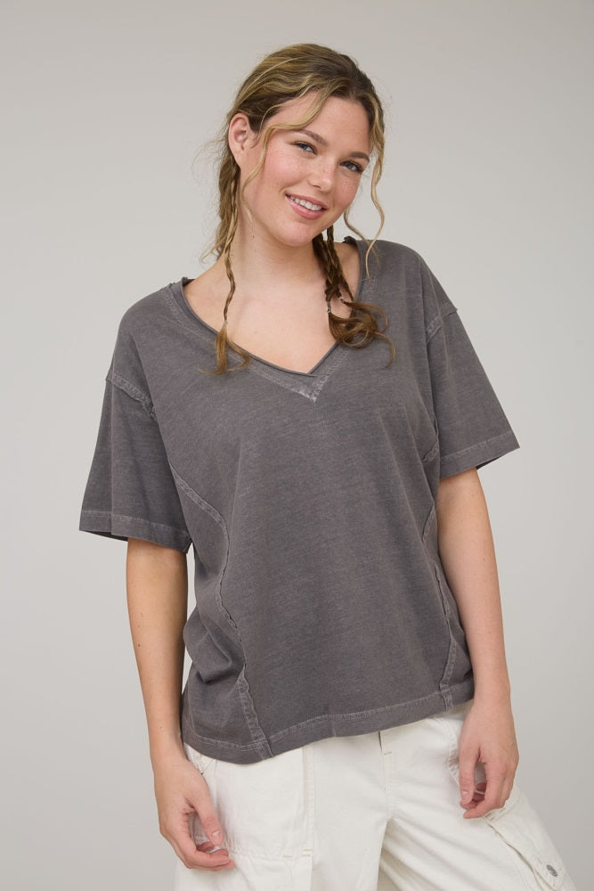 Charcoal Raw Edge V-Neck Short Sleeve T-Shirt