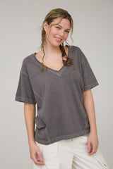 Charcoal Raw Edge V-Neck Short Sleeve T-Shirt