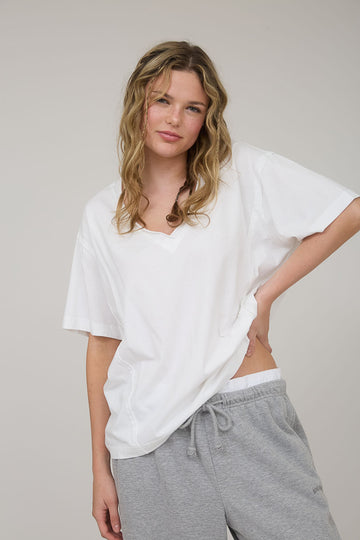 White Raw Edge V-Neck Short Sleeve T-Shirt