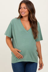 Light Olive Raw Edge V-Neck Short Sleeve Maternity T-Shirt
