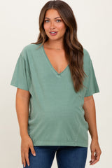 Light Olive Raw Edge V-Neck Short Sleeve Maternity T-Shirt