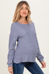 Denim Blue Puff Sleeve Solid Maternity Sweater Top