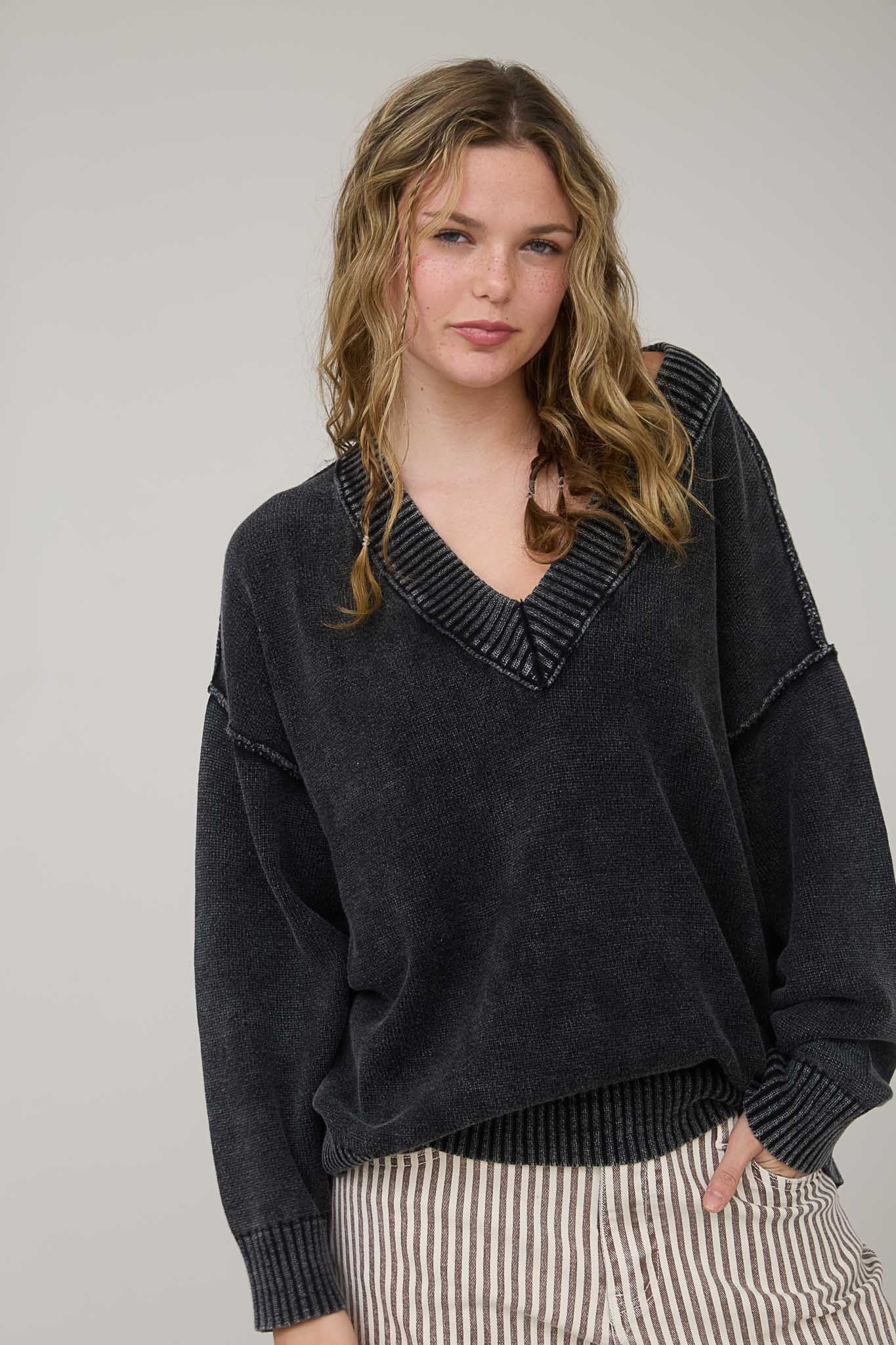 Black Vintage Wash Oversized V-Neck Sweater