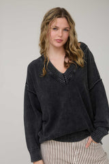 Black Vintage Wash Oversized V-Neck Sweater