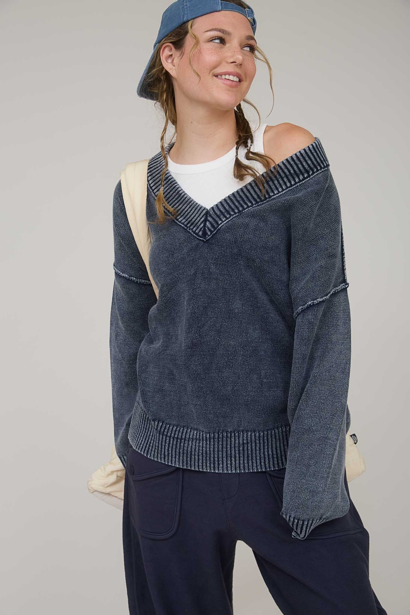 Navy Vintage Wash Oversized V-Neck Sweater