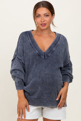 Navy Vintage Wash Oversized V-Neck Maternity Sweater