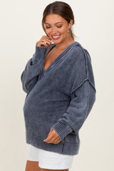 Navy Vintage Wash Oversized V-Neck Maternity Sweater