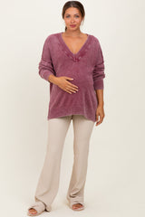 Burgundy Vintage Wash Oversized V-Neck Maternity Sweater