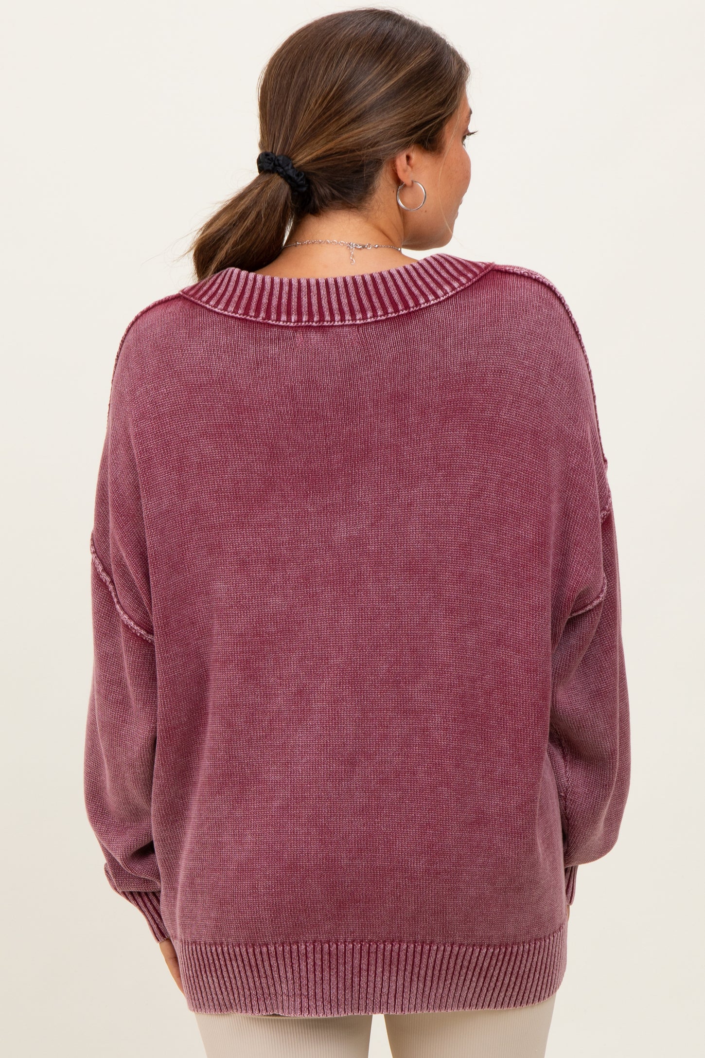 Burgundy Vintage Wash Oversized V-Neck Maternity Sweater