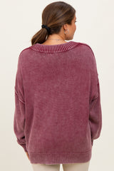 Burgundy Vintage Wash Oversized V-Neck Maternity Sweater