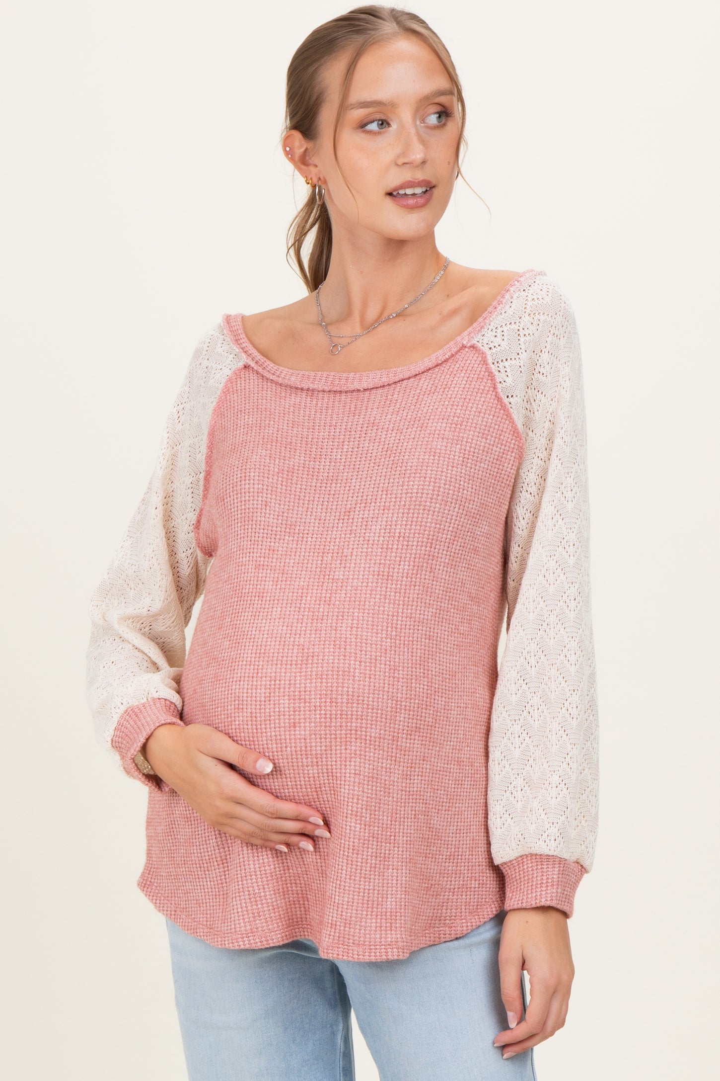 Mauve Puff Sleeve Solid Color Block Maternity Top