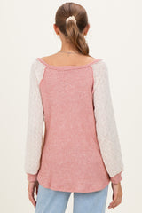 Mauve Puff Sleeve Solid Color Block Maternity Top