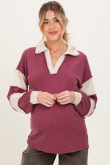 Burgundy Long Sleeve Collar Solid Contrast Maternity Top