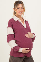 Burgundy Long Sleeve Collar Solid Contrast Maternity Top