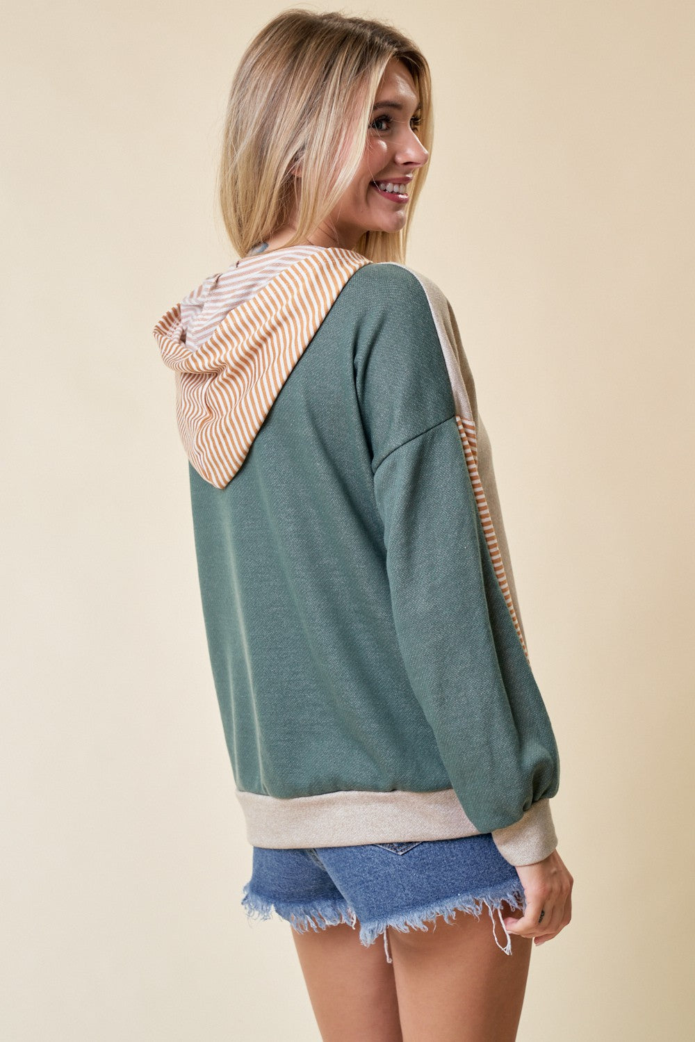 Light Olive Colorblock Stripe Pullover Hoodie