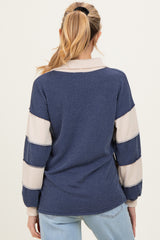 Navy Long Sleeve Collar Solid Contrast Maternity Top