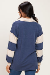 Navy Long Sleeve Collar Solid Contrast Top