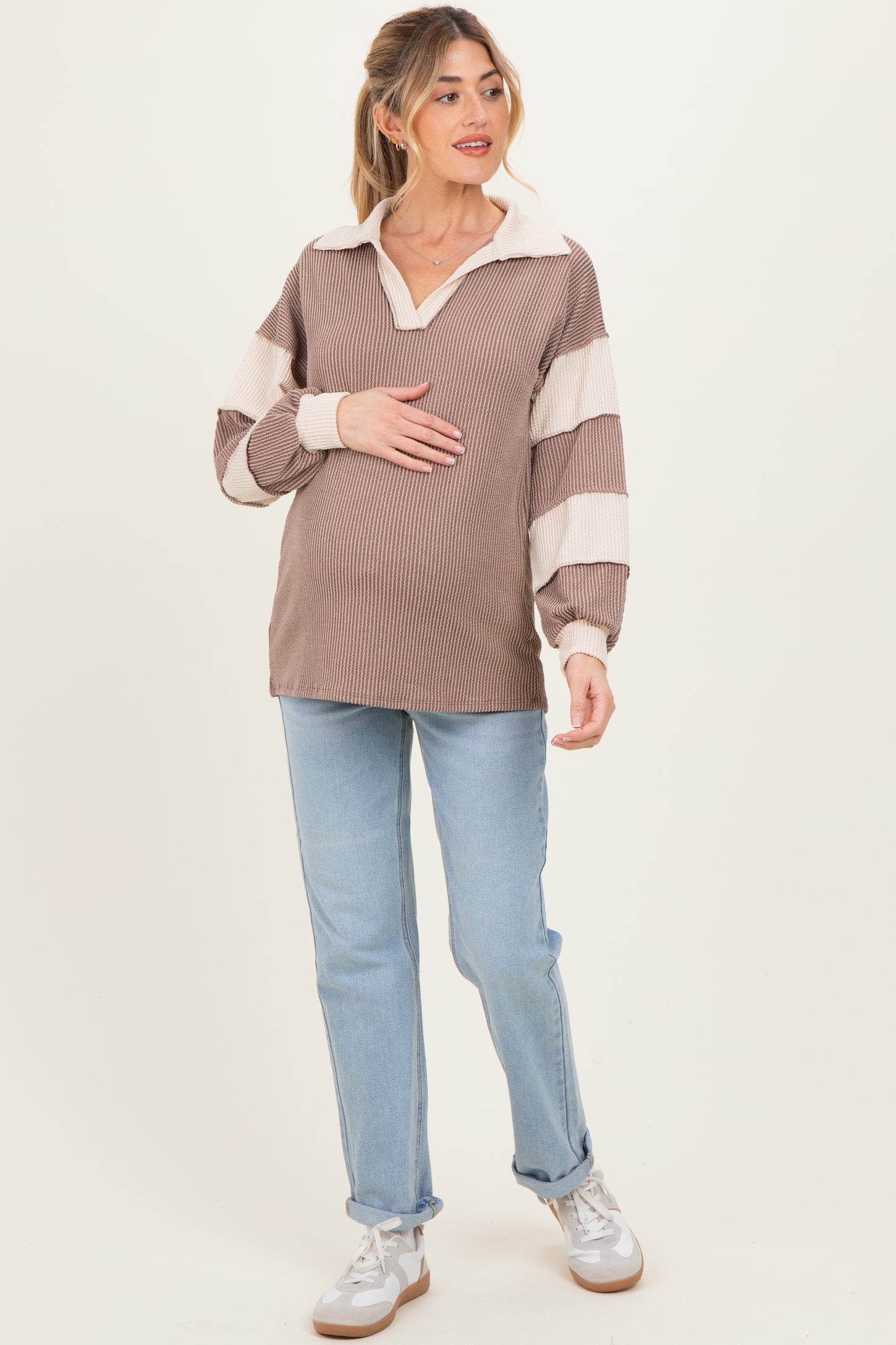 Mocha Long Sleeve Collar Solid Contrast Maternity Top