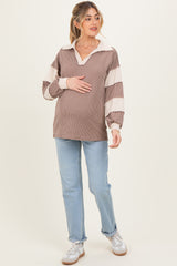 Mocha Long Sleeve Collar Solid Contrast Maternity Top