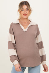 Mocha Long Sleeve Collar Solid Contrast Maternity Top