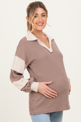 Mocha Long Sleeve Collar Solid Contrast Maternity Top