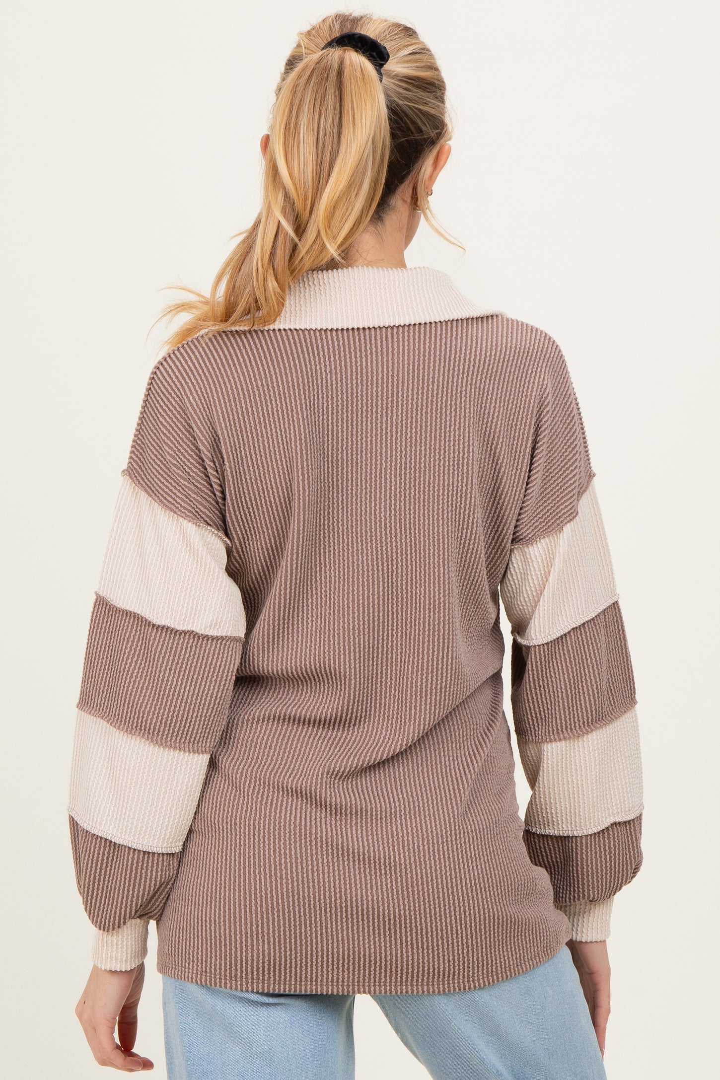 Mocha Long Sleeve Collar Solid Contrast Maternity Top