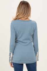 Light Blue Textured Rib Crochet Lace Detail Long Sleeve Maternity Top