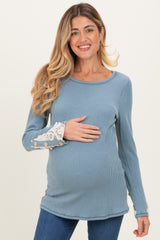 Light Blue Textured Rib Crochet Lace Detail Long Sleeve Maternity Top