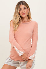 Peach Textured Rib Crochet Lace Detail Long Sleeve Maternity Top