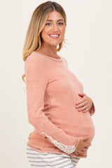 Peach Textured Rib Crochet Lace Detail Long Sleeve Maternity Top
