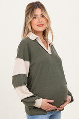 Olive Long Sleeve Collar Solid Contrast Maternity Top