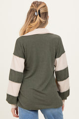 Olive Long Sleeve Collar Solid Contrast Maternity Top