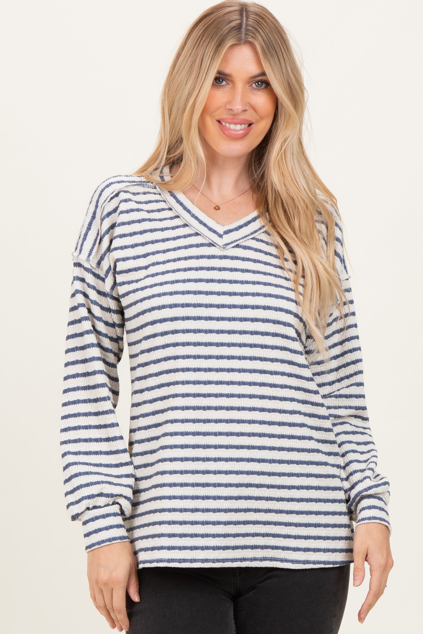 Cream/Navy Long Puff Sleeve V-Neck Striped Maternity Top