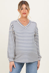 Cream/Navy Long Puff Sleeve V-Neck Striped Maternity Top