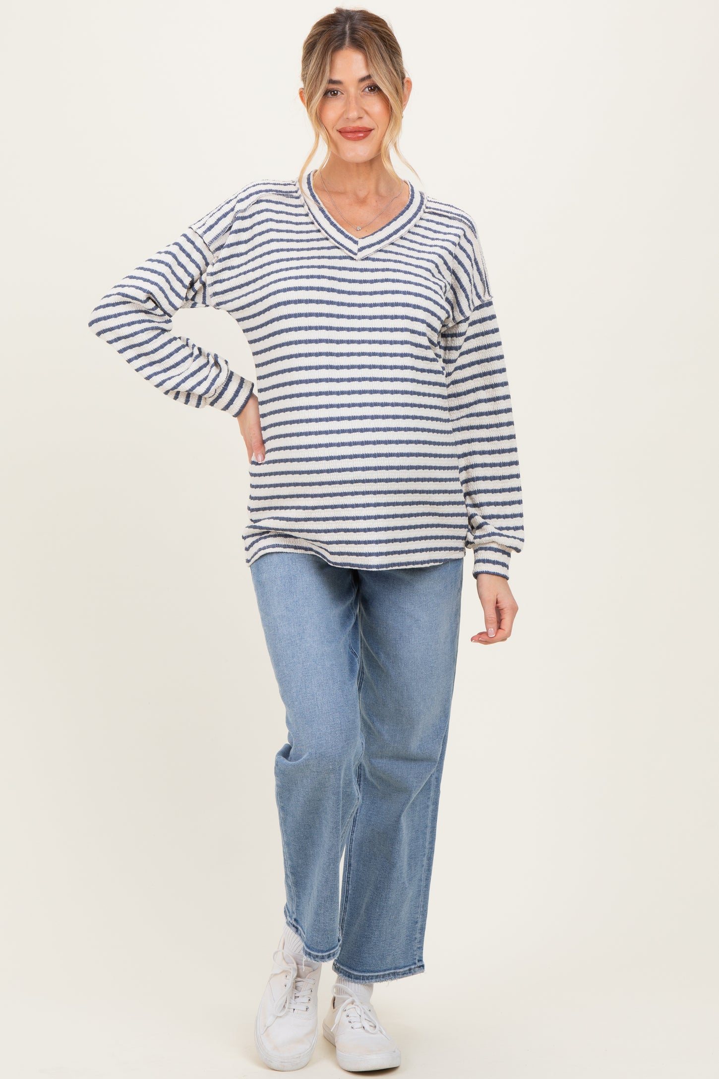 Cream/Navy Long Puff Sleeve V-Neck Striped Maternity Top