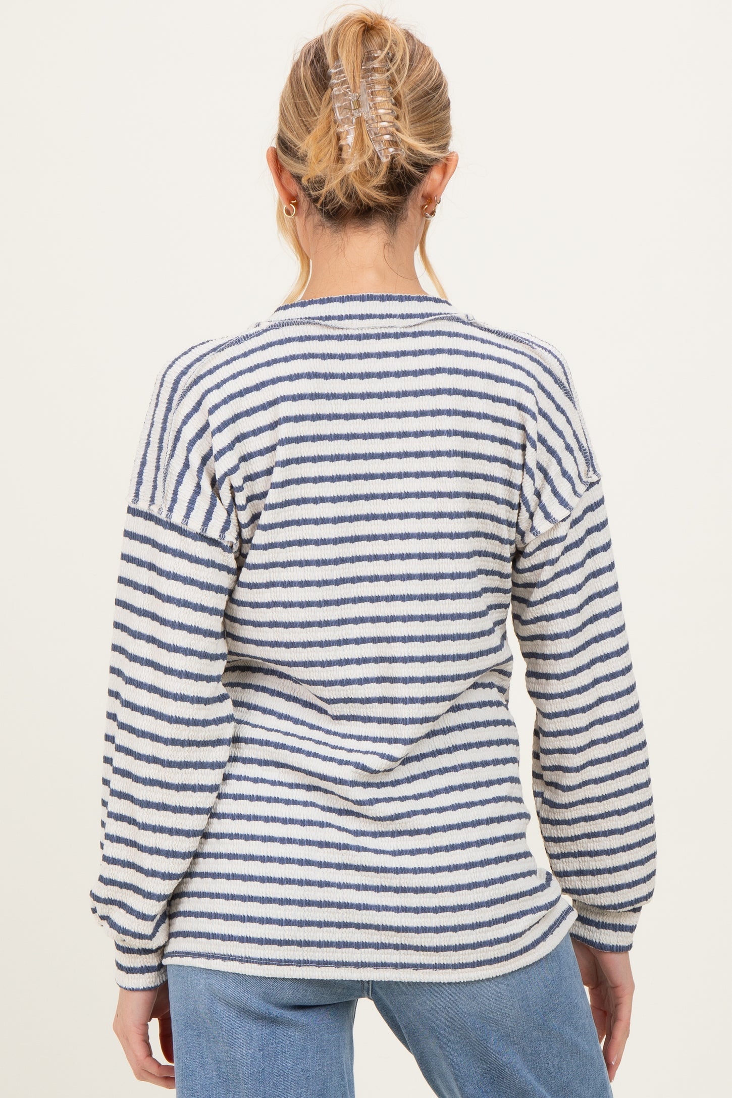 Cream/Navy Long Puff Sleeve V-Neck Striped Maternity Top