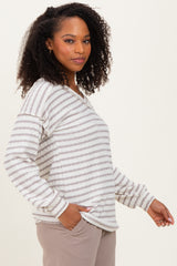 Cream/Taupe Long Puff Sleeve V-Neck Striped Top