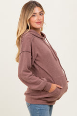Brown Long Sleeve Brushed Urban Rib Maternity Hoodie Top