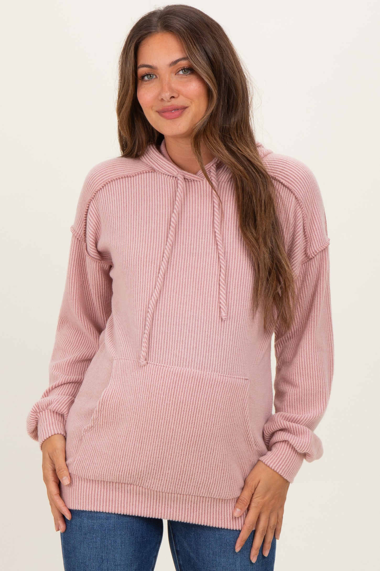 Pink Long Sleeve Brushed Urban Rib Maternity Hoodie Top