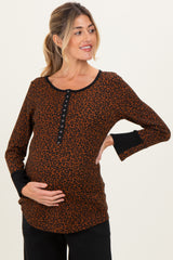 Brown Animal Print Maternity Henley Top