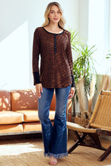 Brown Animal Print Henley Top