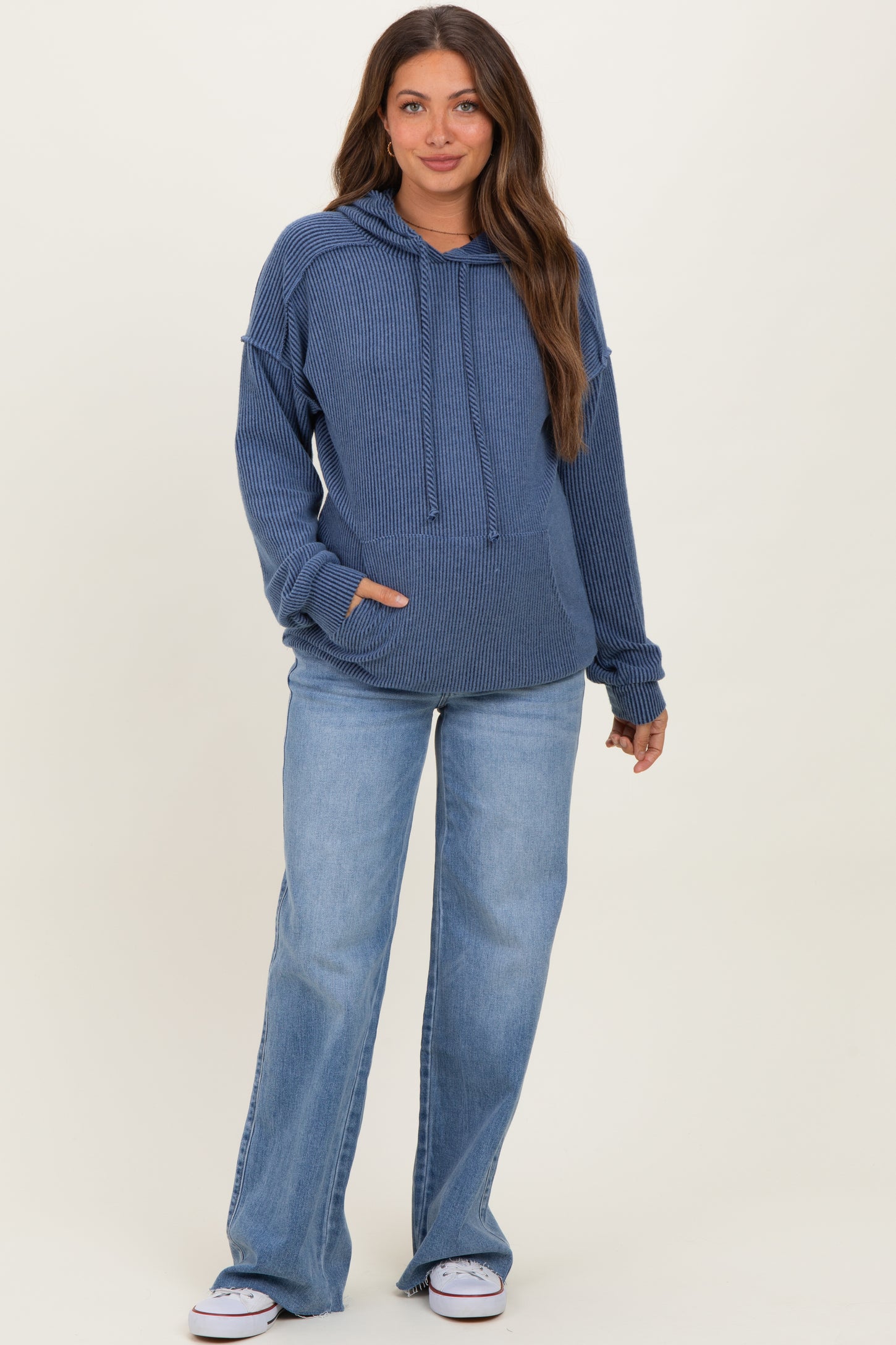 Navy Long Sleeve Brushed Urban Rib Maternity Hoodie Top