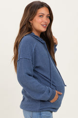 Navy Long Sleeve Brushed Urban Rib Maternity Hoodie Top