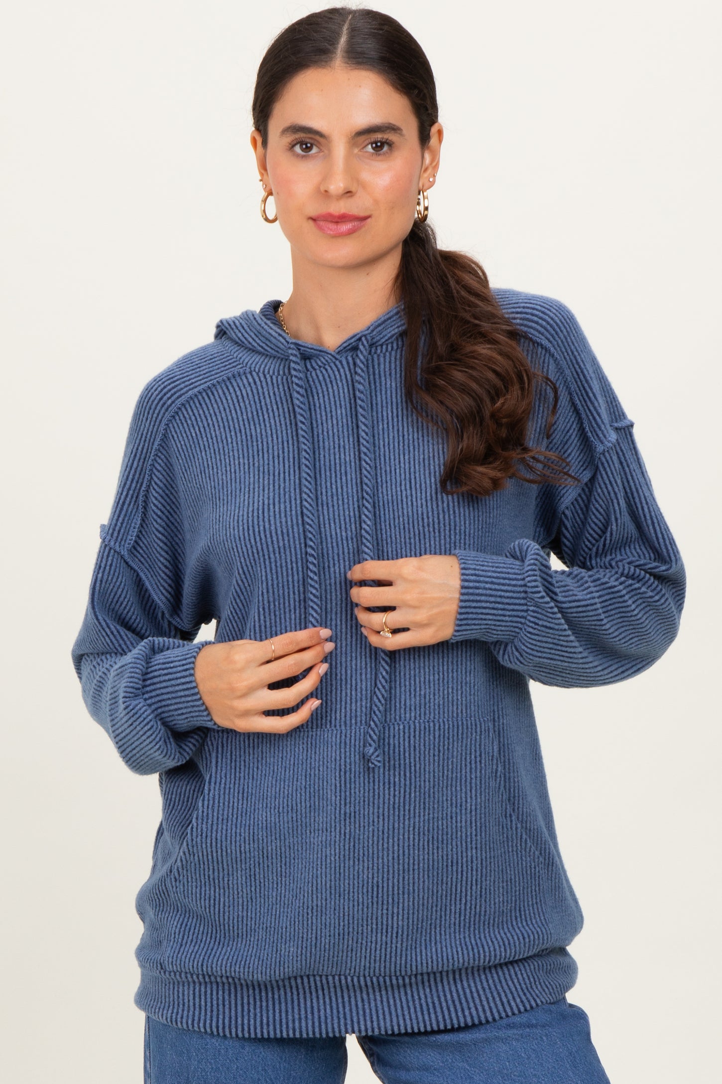 Navy Long Sleeve Brushed Urban Rib Maternity Hoodie Top