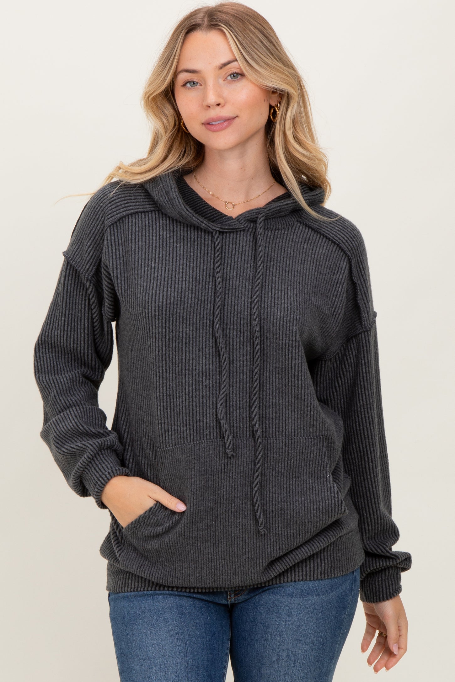 Charcoal Long Sleeve Brushed Urban Rib Hoodie Top