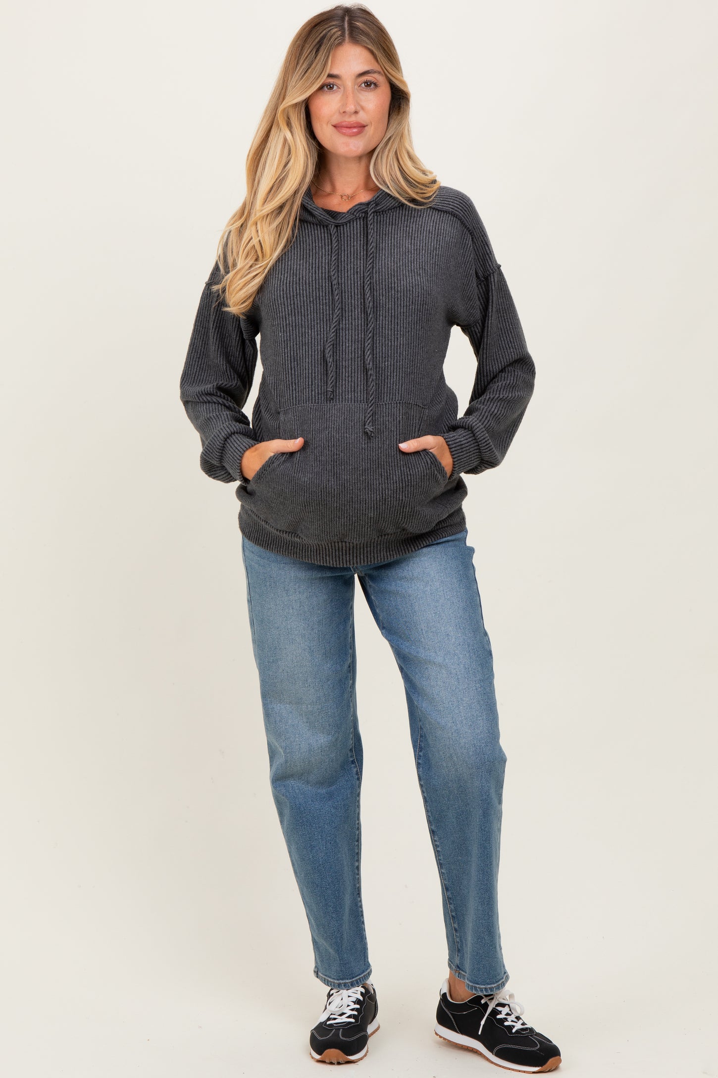 Charcoal Long Sleeve Brushed Urban Rib Maternity Hoodie Top