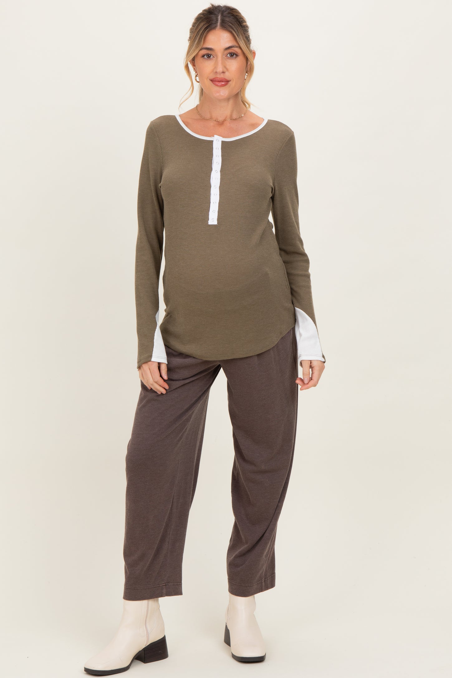 Olive Colorblock Snap Button Maternity Henley